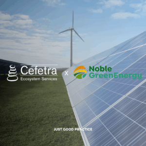 Logo of Cefetra Ecosystem Services and Noble Green Energy. In the background there is a solar panel and grass